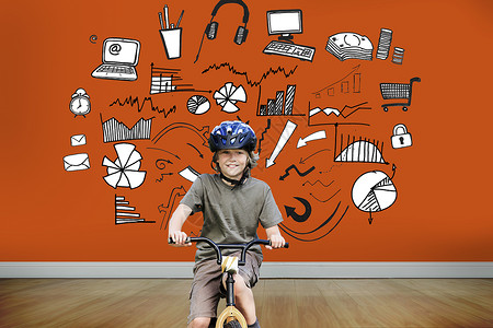 骑着火箭在公园里骑自行车的小男孩的 综合形象骑术进步幸福木地板男性技术运动绘图享受闲暇背景