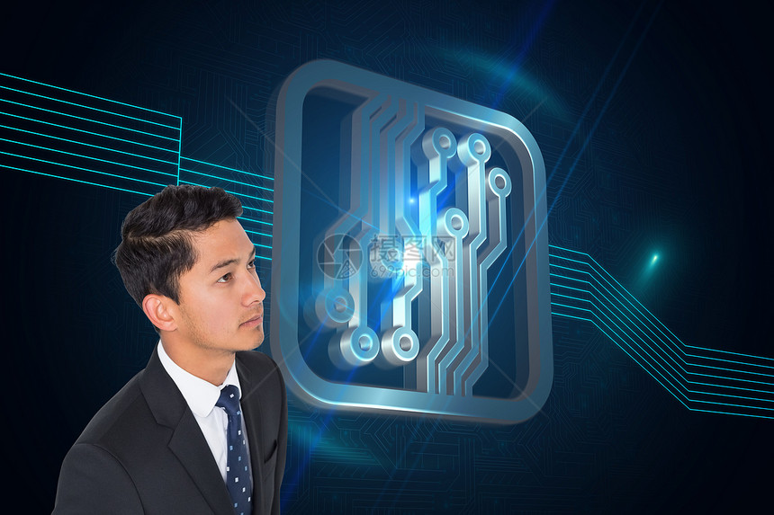 严肃的亚洲商务人士综合形象 是严重的亚洲商务人士职业夹克混血电路板商业男性未来派计算机商务蓝色图片