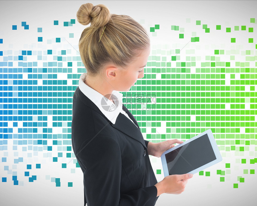 持有平板牌的女商务人士的综合形象微光电脑触摸屏商务正方形绿色女士蓝色人士数字图片