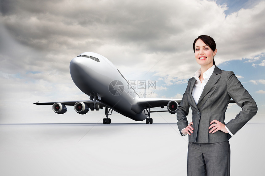 带有耳贴的有吸引力的客户服务代理机综合图像商务旅行棕色航空飞机旅游绘图地面女性假期图片