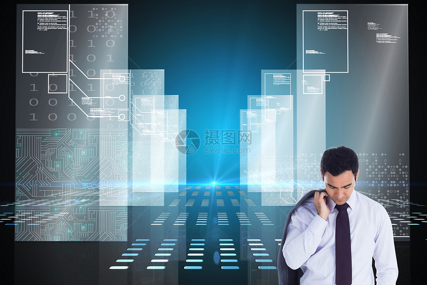 商务人士站立不笑不动的复合形象人士技术混血计算机夹克短发蓝色衬衫头发窗格图片