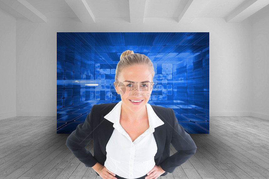 商业女商务人士的复合形象 她们用手站在臀部上双手套装数字屏幕绘图灰色计算机人士商务职业图片