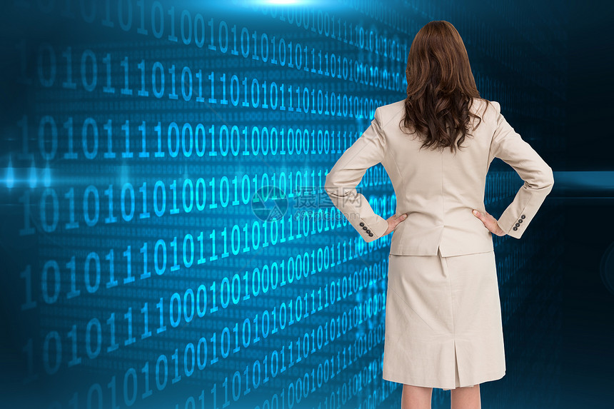 商业女商务人士的复合图像背靠着镜头站立公司计算数字套装人士女性技术思维蓝色职业图片