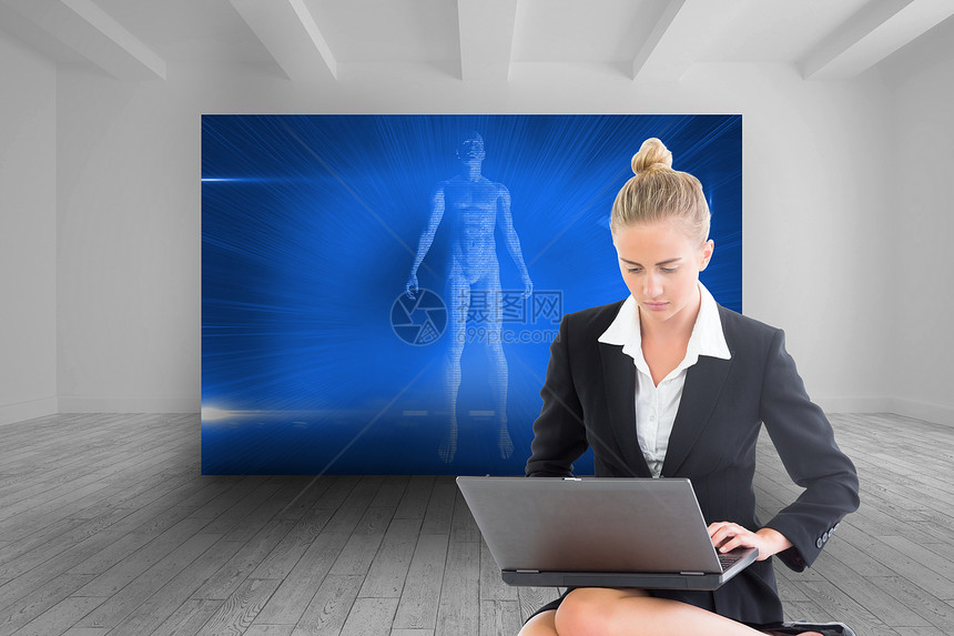 使用笔记本电脑的女商务人士综合图像人士头发蓝色计算机浅色商务商业绘图专注职业图片