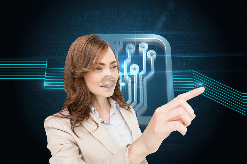 商业女商务人士的复合图像 按着隐形钥匙线条套装手指延伸绘图推介会棕色辉光电路板计算机图片