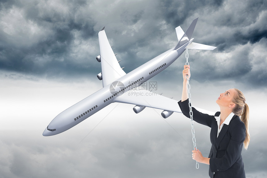 商业妇女一连串拉链的复合形象浅色金发女郎牵引航空女士金发飞行人士商务飞机图片
