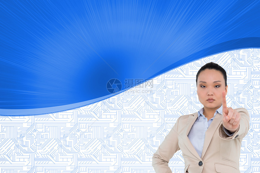 不断微笑的亚洲女商务人士综合形象 指着曲线海浪套装计算手指职业未来派女性蓝色计算机图片