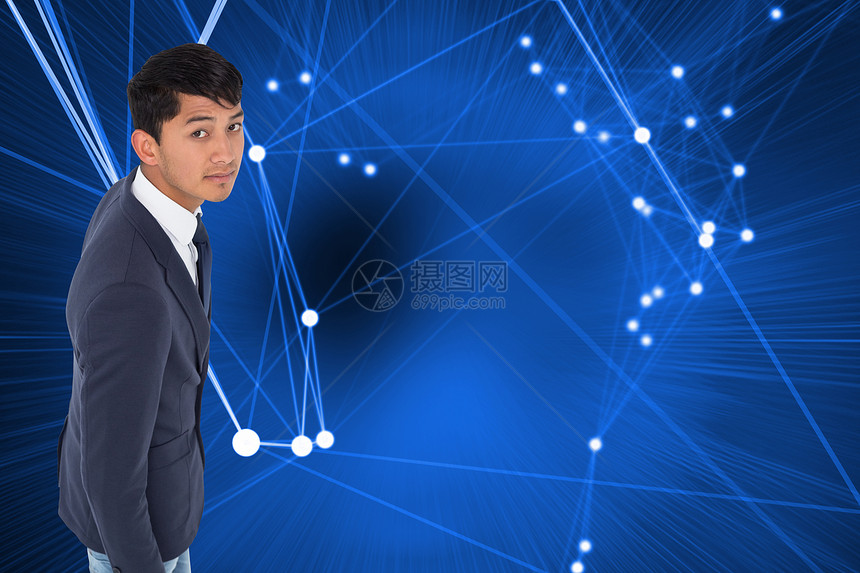 混合的零散临时商务人士行走一笑不动的综合形象计算机未来派蓝色绘图技术商业男性计算夹克连接图片