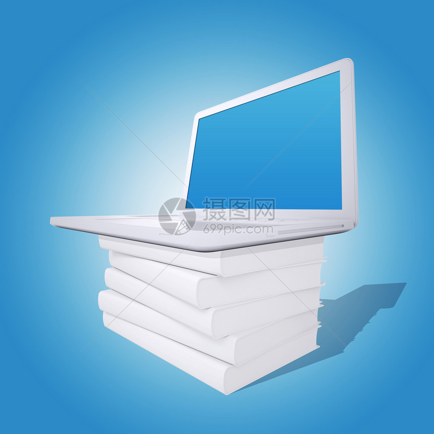 在一堆白书上的笔记本电脑智慧屏幕团体白色收藏互联网技术文学数据电子商务图片