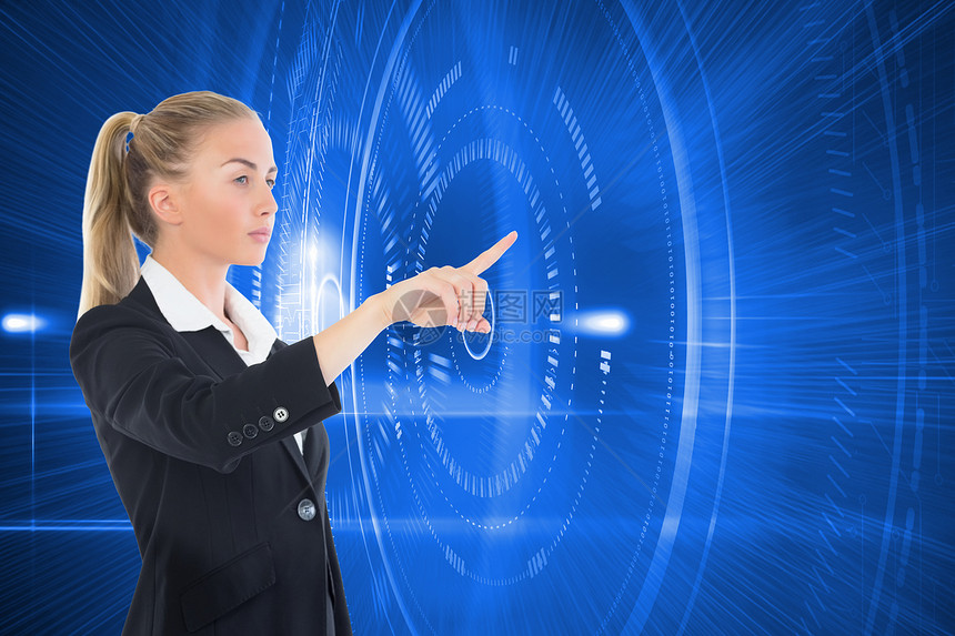 商业妇女指向某处的复合形象套装拨号商务职业浅色手指圆圈未来派计算机金发女郎图片