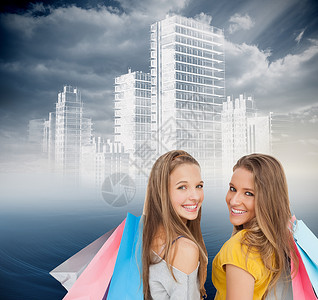 两名携带购物袋的青年妇女的综合形象图象太阳金发晴天计算机蓝色头发海洋长发青少年朋友背景图片