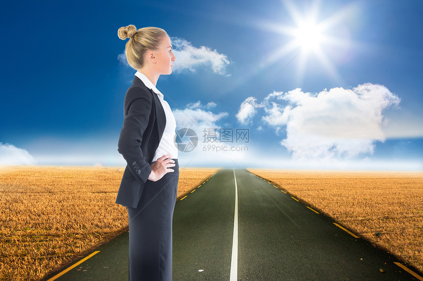 商业女商务人士的复合形象 她们用手站在臀部上场地阳光双手套装浅色蓝色人士天空橙子草地图片