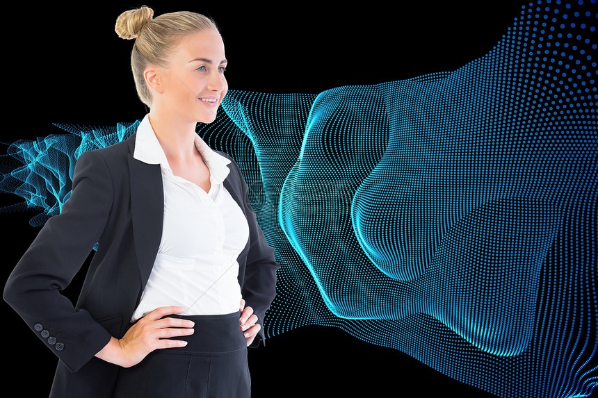 商业女商务人士的复合形象 她们用手站在臀部上绘图海浪人士蓝色未来派商务漩涡女士计算机双手图片