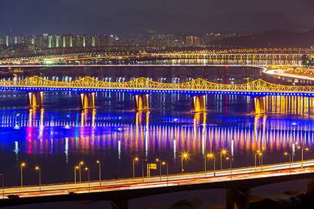 汉江晚上在首尔市团伙通道天空住宅景观城市日落天际植物建筑图片