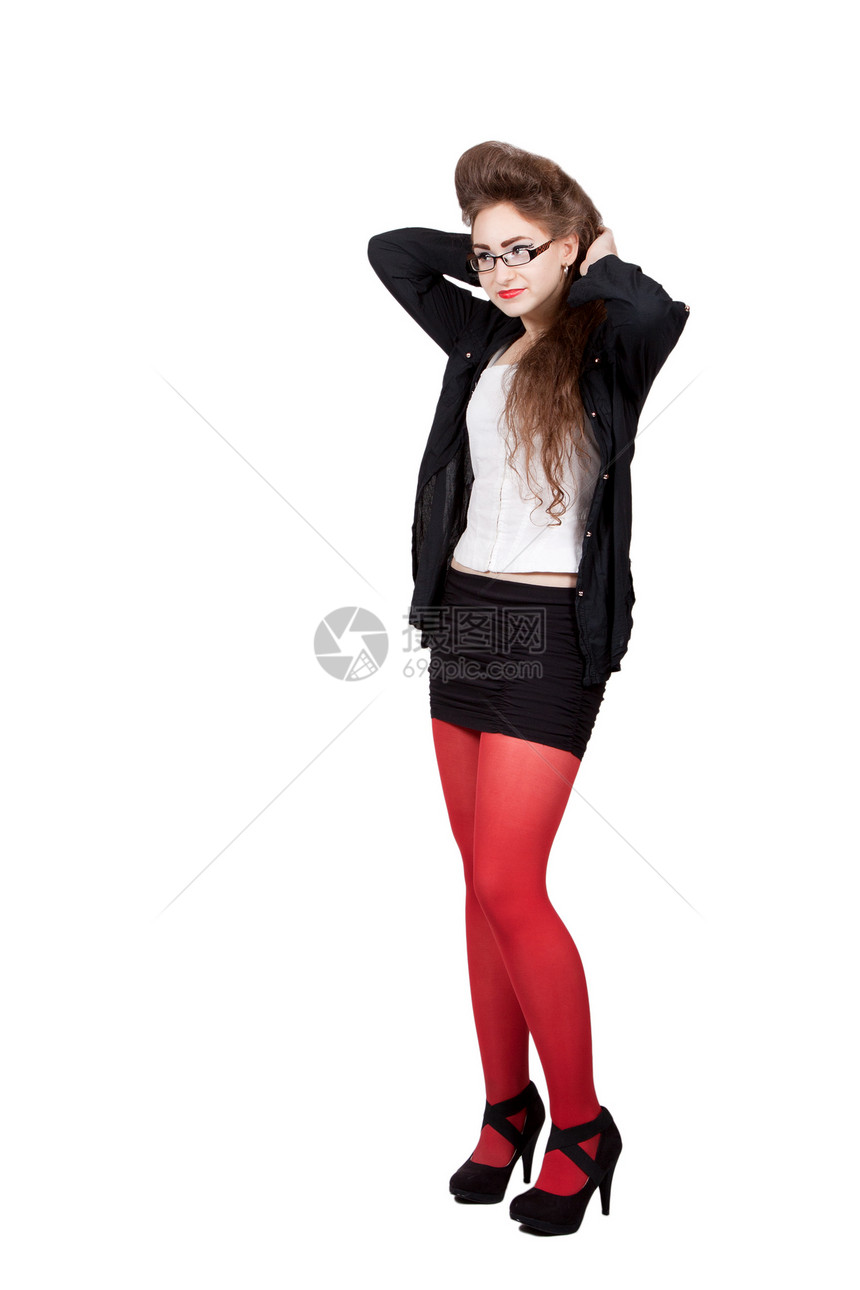 穿黑衣和红衣的少女喜悦自由冒充微笑工作室女士眼镜乐趣黑色头发图片