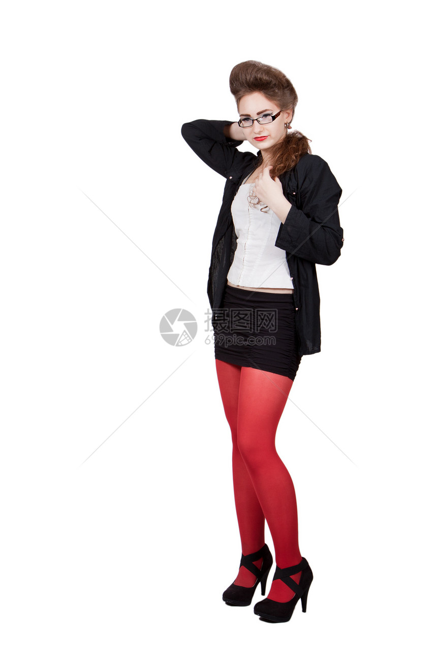 穿黑衣和红衣的少女工作室黑发女孩眼镜青少年黑色喜悦白色金发女士图片