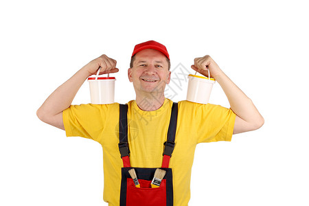 工人拿着两桶水工业员工橙子肩膀男人白色工具服务劳动建造背景图片