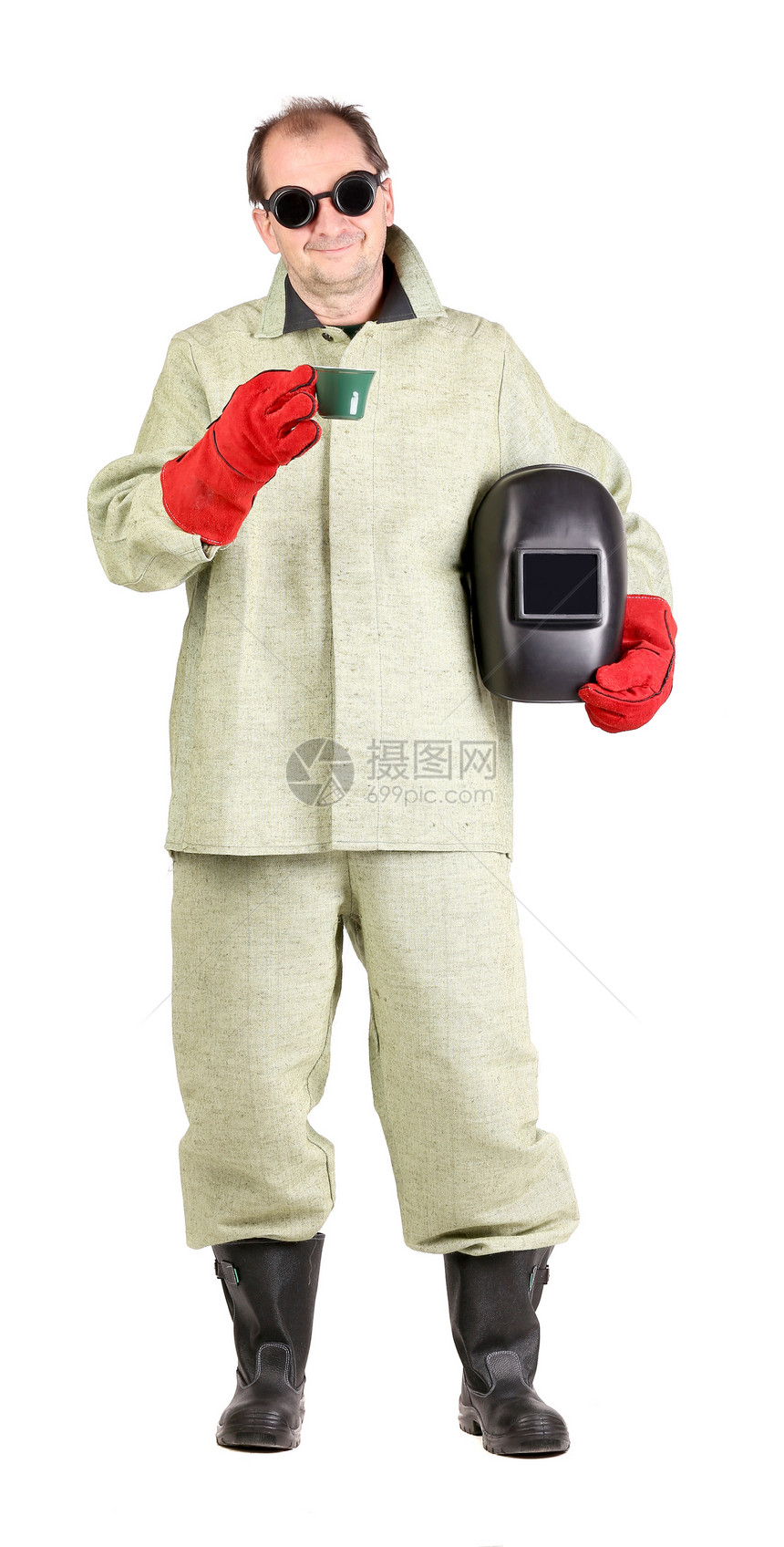 戴面罩和咖啡的焊接器服务工人手套工具工作服焊机员工维修男人工作图片