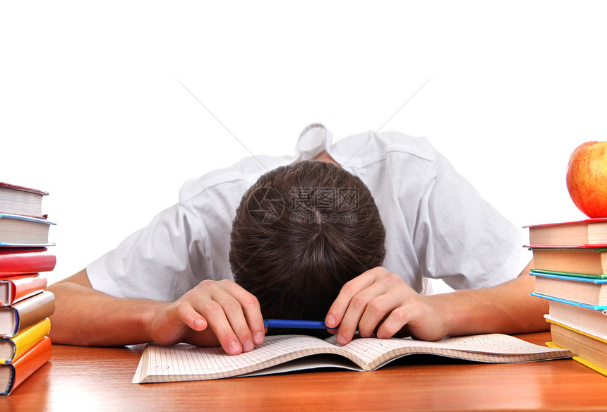 睡觉累学生家庭作业睡眠图书男性瞌睡小伙子考试身体实习生教育图片