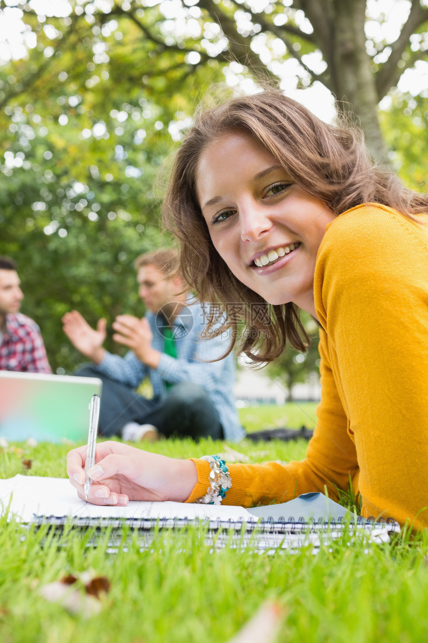 女性写笔记 学生在公园使用笔记本电脑学校男人学习校园男性团体草地说谎友谊写作图片