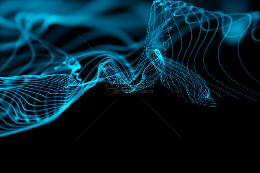 黑背景的抽象闪光蓝色计算机曲线未来派绘图活力线条黑色辉光图片