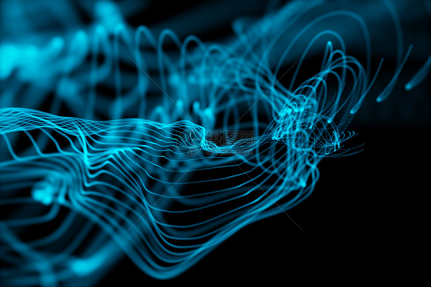 黑背景的抽象闪光未来派计算机曲线黑色蓝色绘图辉光活力线条图片