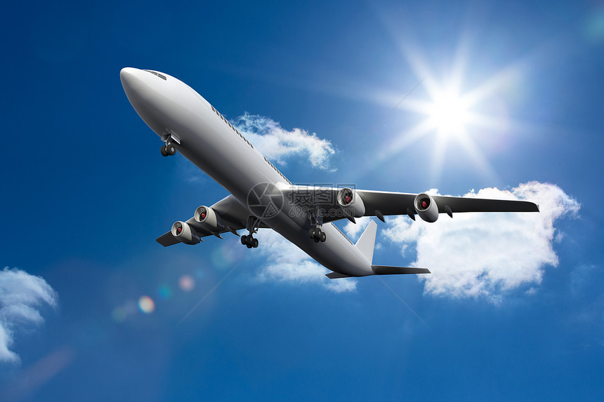 3D飞机在空中飞行航空蓝色阳光航班假期天空旅游绘图太阳计算机图片