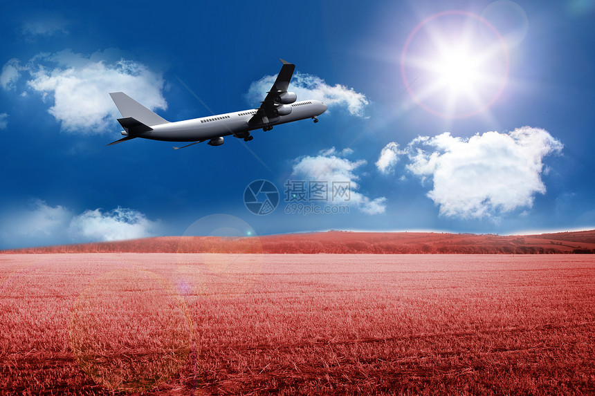 3D飞机起飞 飞越战场假期计算机旅游绘图天空阳光航空太阳场地航班图片
