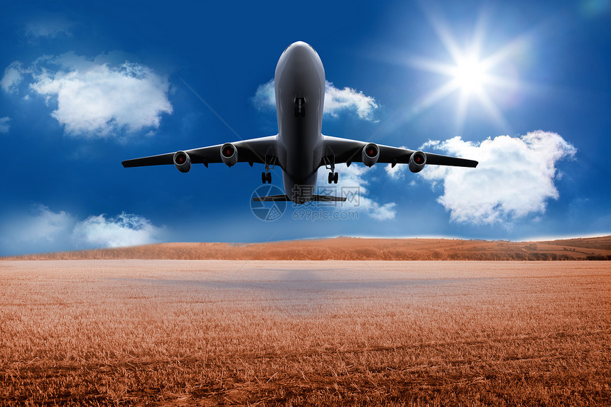 3D飞机起飞 飞越战场计算机着陆旅游假期飞行航空蓝色麦田绘图阳光图片