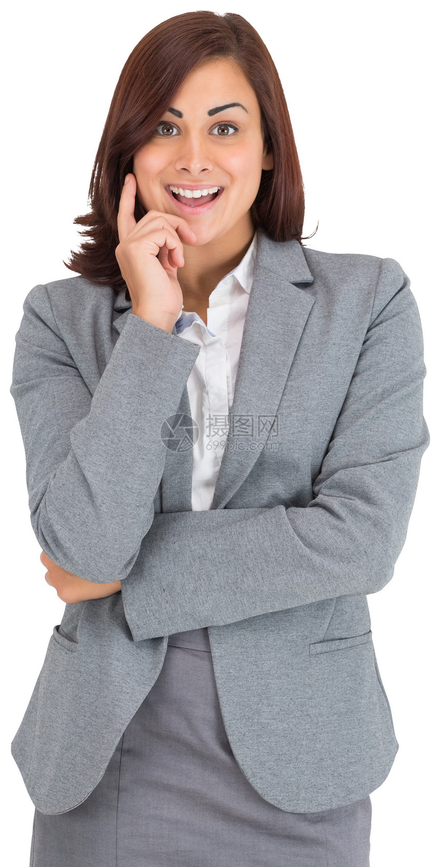 女商务人士对着镜头微笑人士女士棕色公司思维头发职业商业女性商务图片