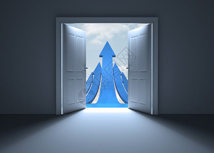 打开以显示蓝箭头的门生长进步绘图成功蓝色多云天空计算机背景图片