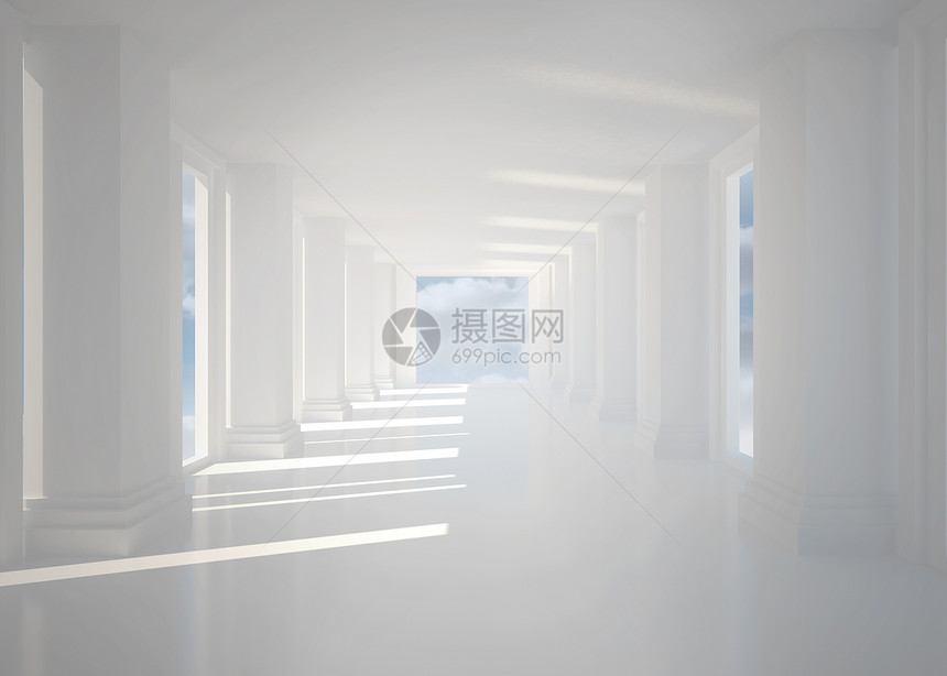 带列的明亮白厅阳光大厅计算机窗户房间天空多云走廊门厅绘图图片