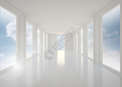 带有窗口的明亮白色大厅多云天空房间阳光门厅走廊绘图窗户计算机背景图片