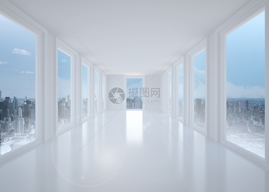 带有窗口的明亮白色大厅城市景观门厅绘图多云窗户天空走廊房间计算机图片