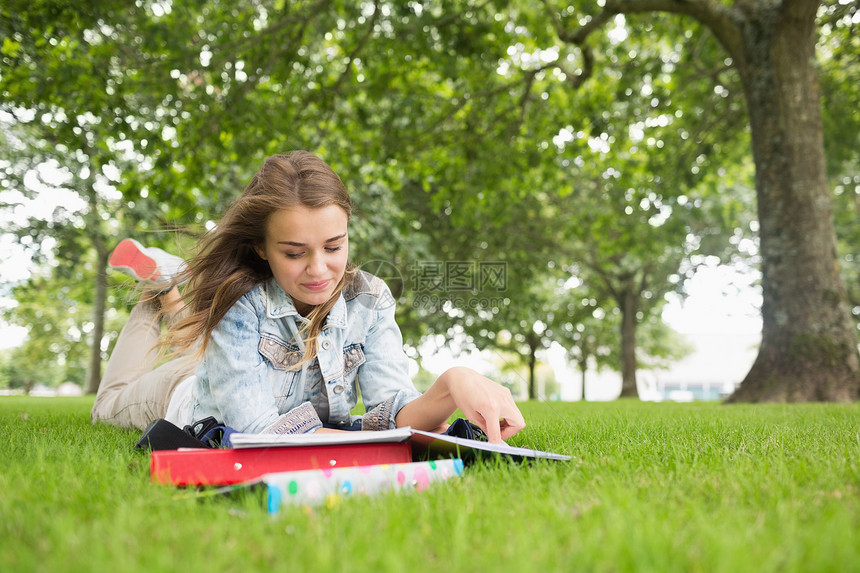 躺在草地上学习的快乐学生图片