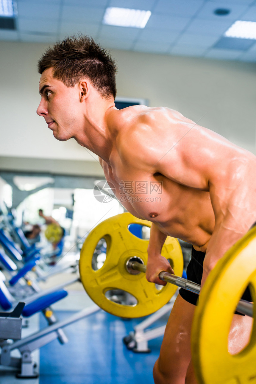 使用barbell 的正文建筑器健身房健美男性二头肌运动员成人身体哑铃运动力量图片