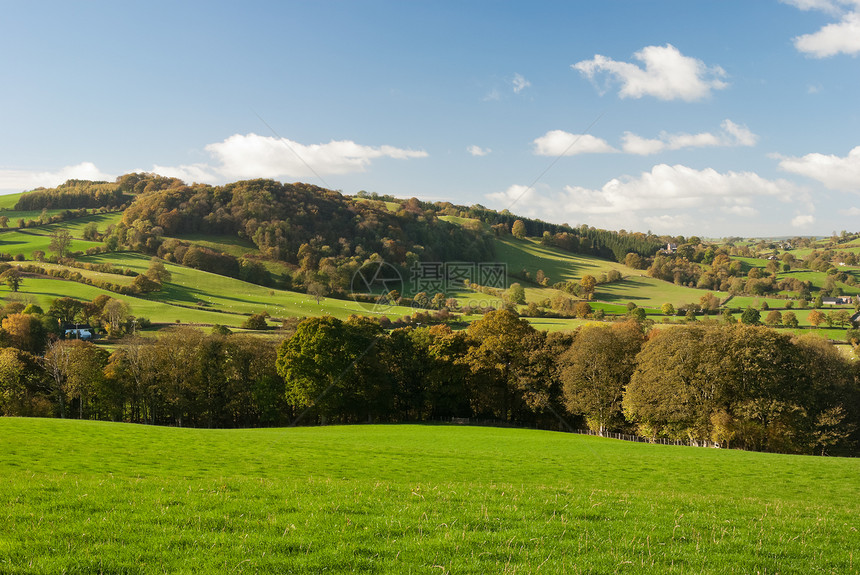 威尔士大牧场面积场景环境蓝色山脉树木草原天空生活草地晴天图片