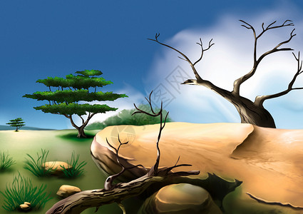 非洲布什插图天空位图绘画卡通片草原木头动画片地平线石头背景图片