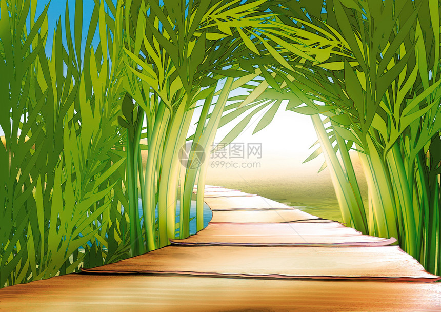竹竹林插图树林足迹叶子脚桥卡通片木头灌木丛木板手绘图片
