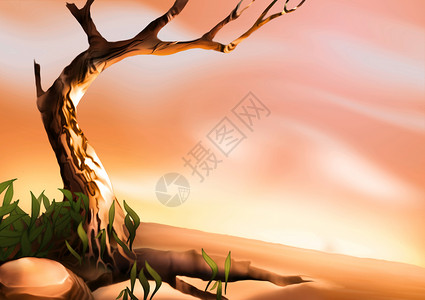 手绘马卡龙沙漠沙漠树荒野砂岩石头动画片沙漠干旱绘画岩石手绘荒地背景