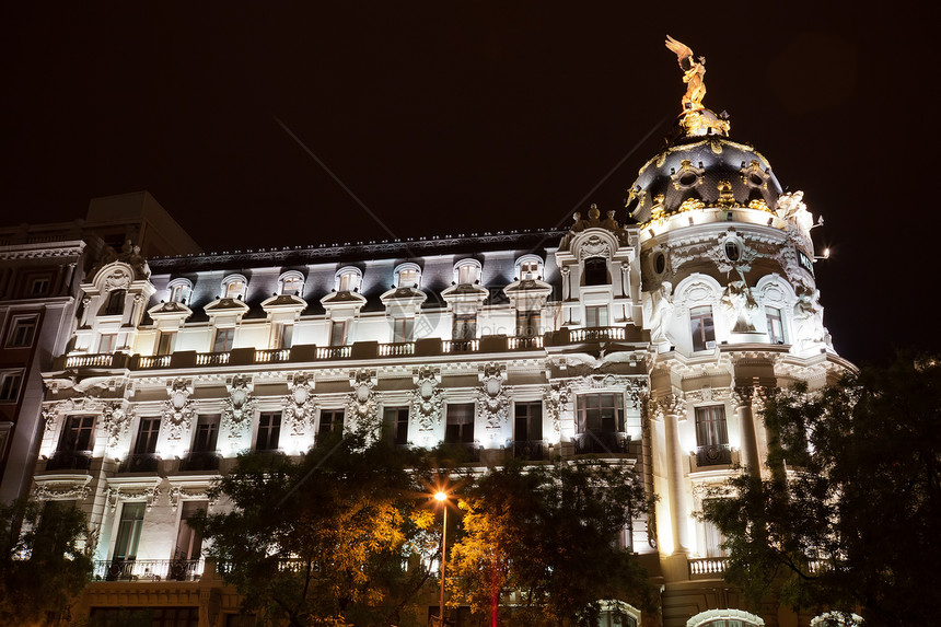 马德里的Gran Via文化游客纪念碑交通雕像景观建筑旅游场景街道图片