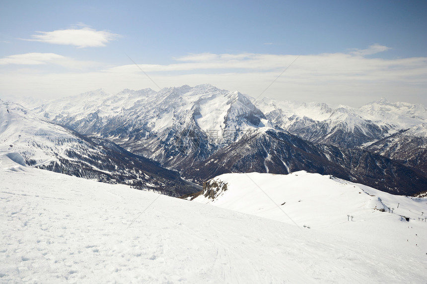 阿尔卑山滑坡全景阳光风景粉雪滑雪季节山峰山脉胜地天空图片