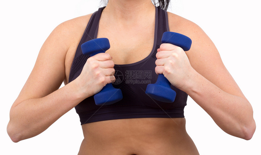 身体健康的妇女胸部人类力量躯干收腰水平哑铃摄影女性影棚图片