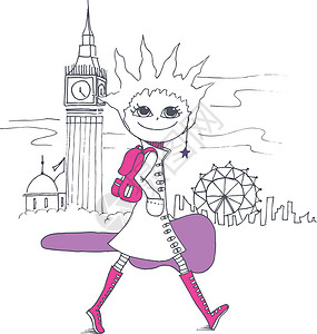 大本钟上女孩访问伦敦景观岩石女孩音乐观光建筑旅行议会地标音乐会插画