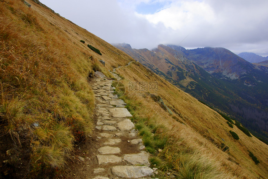 波兰Tatras山景观蓝色石头顶峰风景游客小路岩石植物森林松树图片