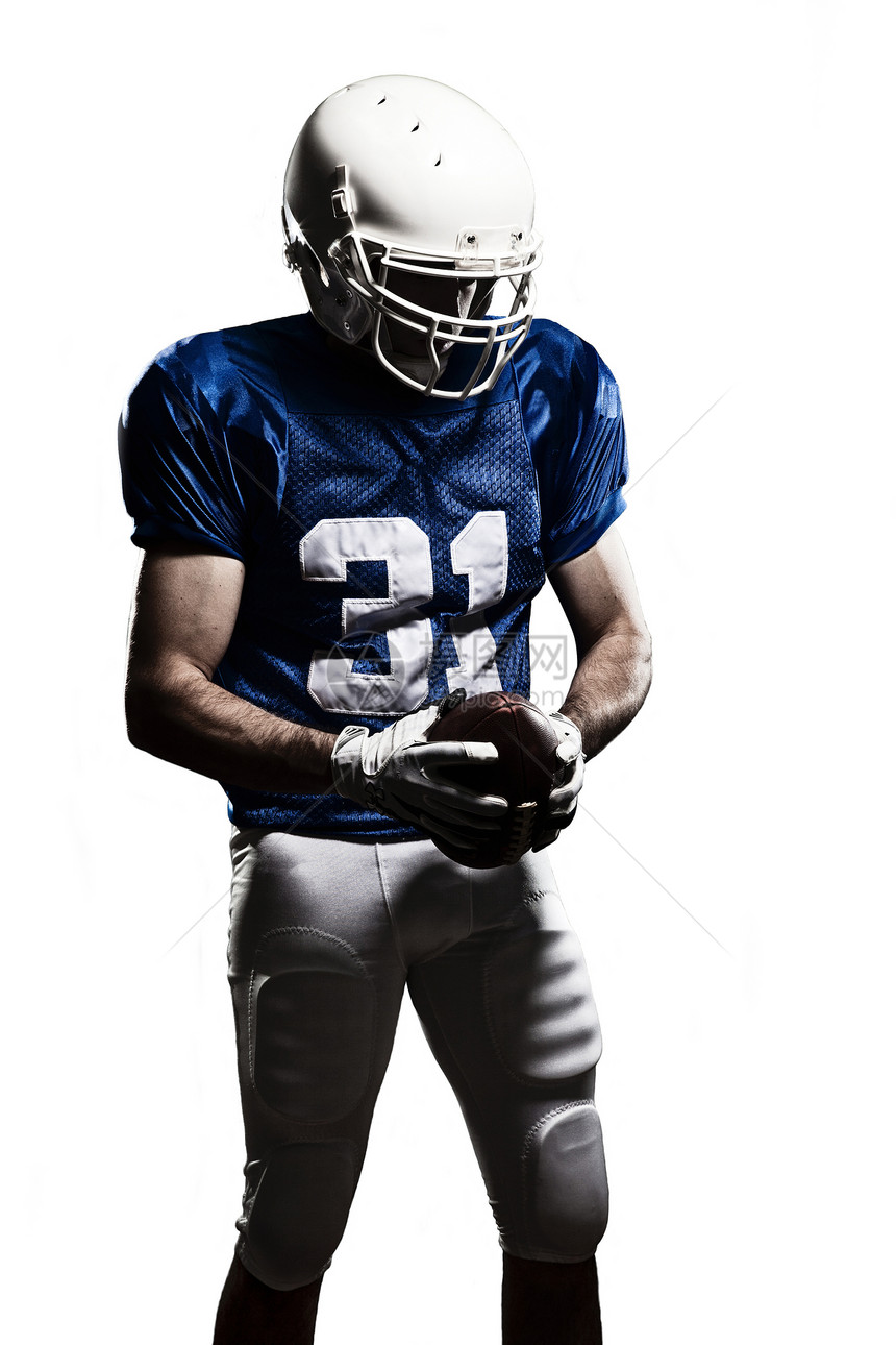 足球运动员蓝色运动服头盔影棚垫肩肖像职业制服美术福利图片