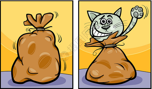 兔子从袋子里往外看让猫从袋子里出来卡通插画