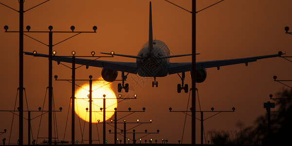 洛杉矶国际机场洛杉矶机场摄影太阳着陆全景跑道旅游运输方式飞机场天空背景