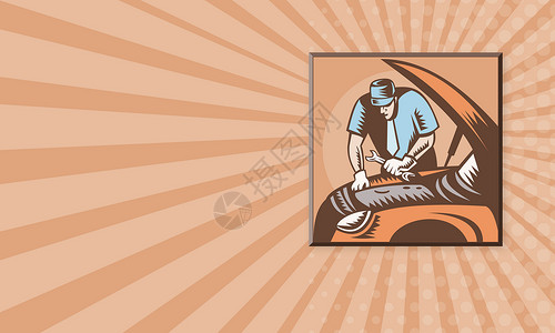 汽车修理工汽车维修零售商技术员正方形艺术品男人男性机械插图海报木刻背景图片