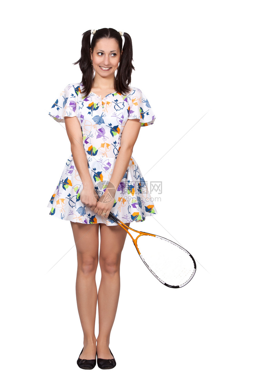 一个穿着多彩的旧礼服的女孩玩家运动员运动配饰身体白色游戏幸福球拍行动图片